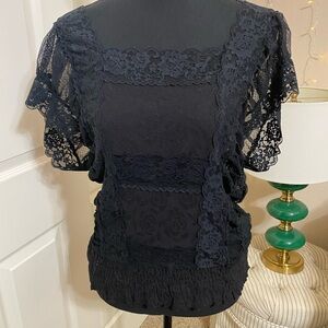 Free People Black Lace Flutter-Sleeve Top
